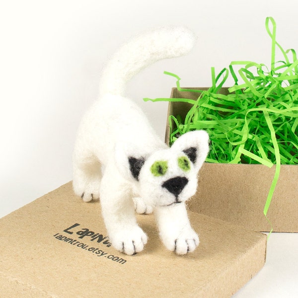 White Cat, Little Pocket Needle Felted Cat. Meow!! Ready to ship!