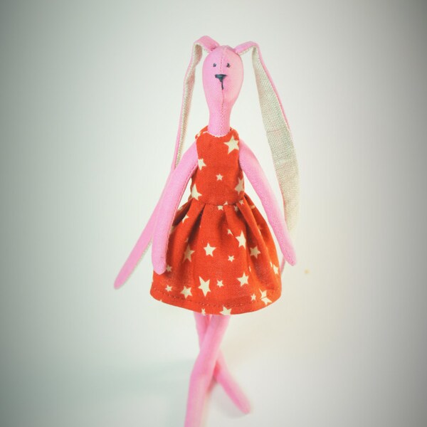 Bunny, Stuffed animal toy - Pink Bunny in Star Dress. 