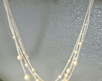 Vintage Trifari © Signed Multi-Strand Stationed Faux Pearl Necklace. Wedding fashion.