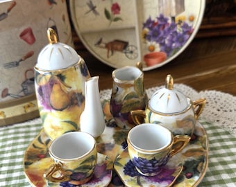 Mini Porcelain Tea Set – Floral Fruit Design, Cottagecore Decor, Original Box