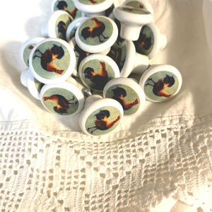 May include: A collection of round white cabinet knobs, each featuring a printed illustration of a rooster with black, red, and orange plumage. The knobs have a smooth, glossy finish and are arranged in a cluster, showcasing the detailed bird motif.