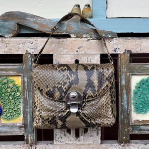 May include: A snakeskin-effect handbag with a silver clasp hangs on a distressed wooden structure. Two framed peacock paintings flank the bag. Two small bird figurines perch above the bag.