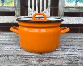 Vintage 1970's Orange Enamel Cooking Pot/Saucepan- Made in Poland - Midcentury  - Retro Saucepan - Vintage Kitchen