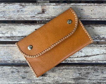 Vintage 1970's Hand Made  Leather Purse/ Wallet - Tan - Passport wallet - Travel Wallet