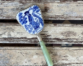 Chinese Ceramic Blue and White Mirror with Jade Handle - In Original Gift Box - Hand Mirror - Vanity Mirror - Vintage Dressing Table