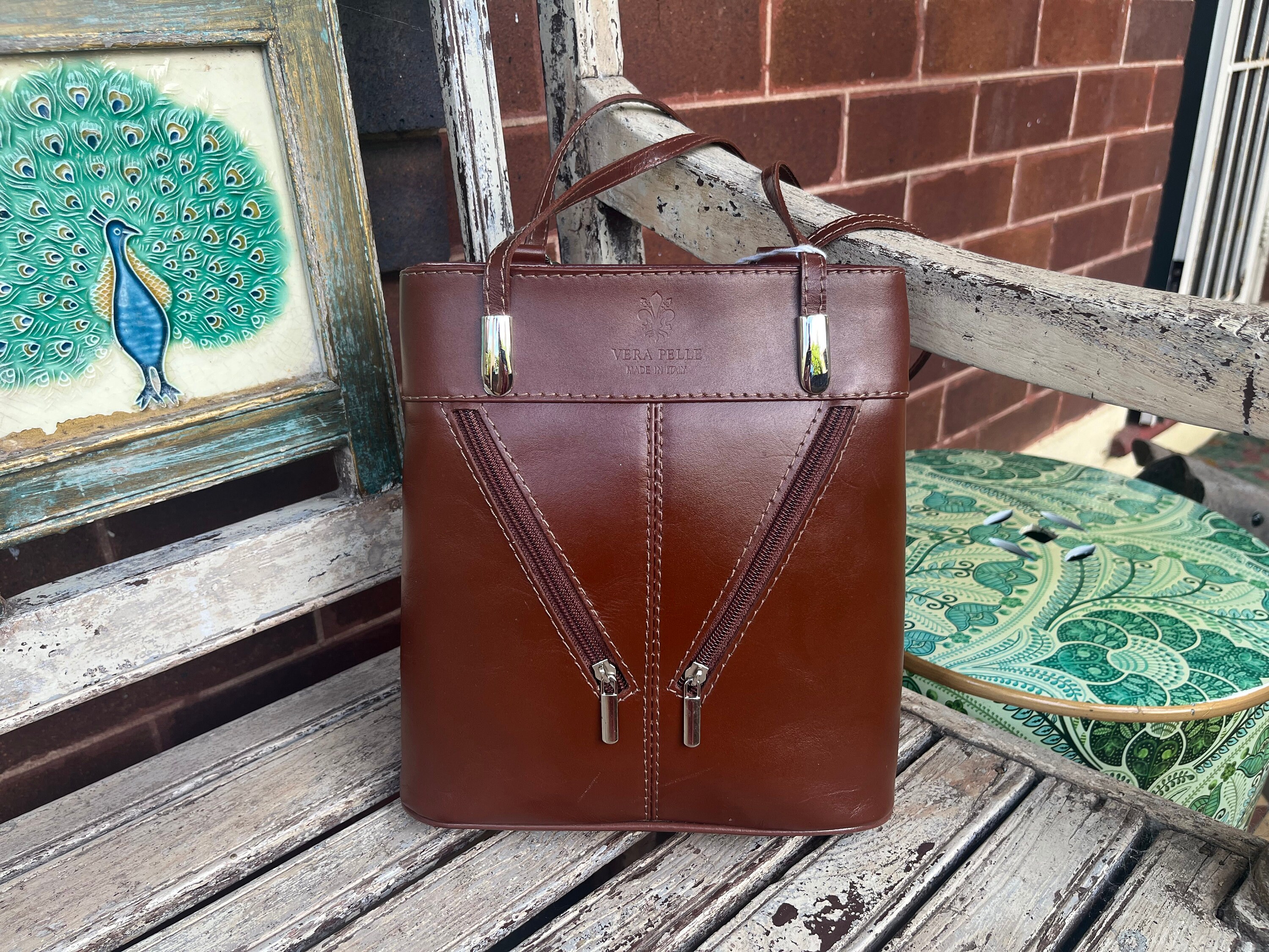 Vintage Brown Vera Pelle Leather Shoulder Bag/Back Pack Tote