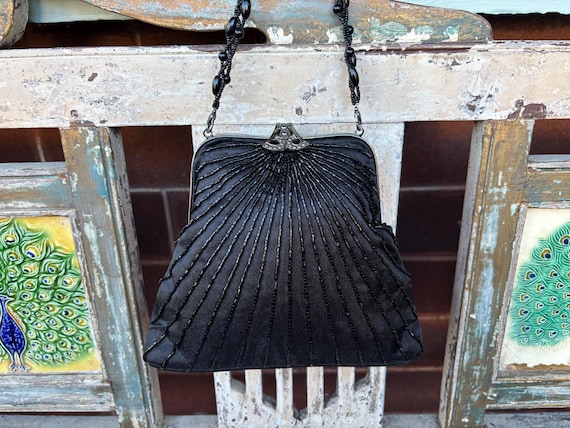Vintage Black Beaded Satin Clutch/Evening bag - Gregory Ladner  - NWT