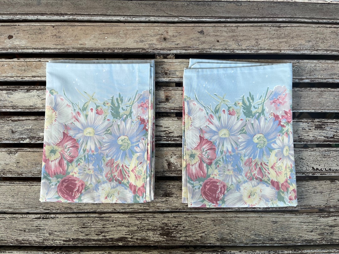 2 Vintage Sheridan Blue Floral Pillow Cases 1980's Etsy