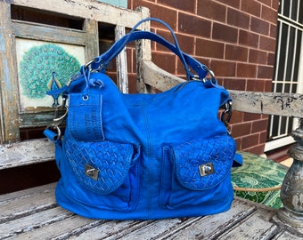 Large Blue Soft Leather Sportscraft Bag - Tote - Hobo - Travel Bag - Vintage Leather Bag - Work Bag