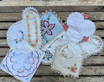 8 Mismatched Embroidered Floral Vintage Doilies