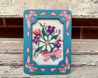 Small Vintage Framed Floral Cross Stitch Tapestry - Vintage Flower Tapestry - Mothers Day - Hand Painted Frame