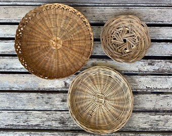 3 Vintage Wicker Baskets/Trays - Wall Baskets - Display Baskets  - Fruit Baskets