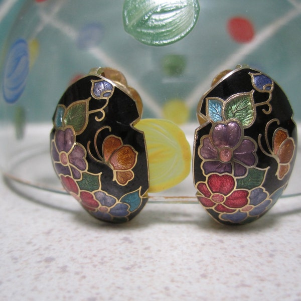 Vintage Cloisonne Clip on Earrings - Butterflies and Flowers.