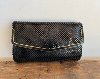 Vintage Black Mesh Evening Bag/Clutch - 1970's - Hong Kong - Bride Purse - Wedding Bag- Whiting and Davis - Glomesh