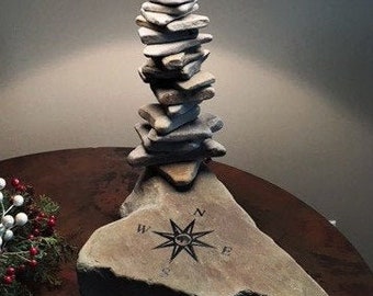 Rock Lamp~ unique creation made with natural rocks, engraved with nautical compass and buffalo in center