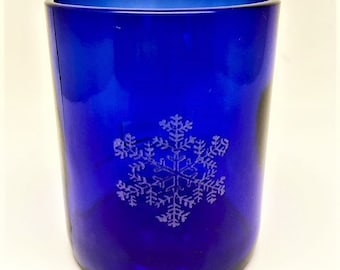 Glasses ~ Short cobalt Snowflake designs on recycled glassware. Set of FOUR