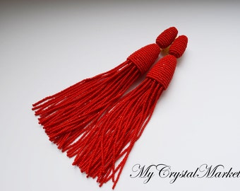 Beaded long tassels earrings. Clips in the style of Oscar de la Renta. Handmade.