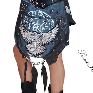 Large Viking Denim & Leather Tote | Recycled Jeans Gothic Handbag | Eagle Patch Nordic Shoulder Bag