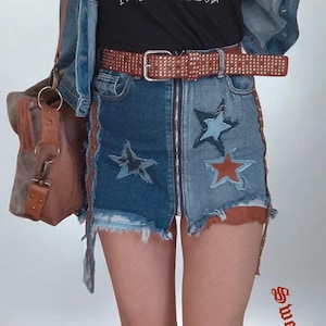 Upcycled Denim Mini Skirt with Stars, Patchwork Jeans Skirt, Cowgirl Western Festival Outfit, Handmade Reworked Denim, Size S