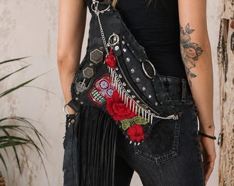 Gothic Leather Shoulder Bag, Punk Crossbody Bag, Black Leather Fringe Bag, Skull Rose Bag, Rock Festival Bag