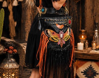 Handmade Leather Fringe Bag, Boho Moth Purse, Gothic Crossbody Bag, Embroidered Statement Bag, Unique Festival Shoulder Bag