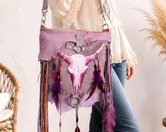 Boho Leather Fringe Bag – Handmade Western Crossbody, Bull Skull Art, Tribal Style