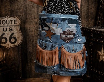 Upcycled Denim Bag, Recycled Jeans Bag, Fringe Tote Bag, Western Handbag, Boho Fringe Purse, Festival Handbag