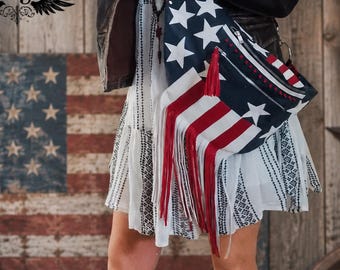 Leather Fringe Fanny Pack – USA Flag Belt Bag, Boho Western Biker Waist Bag, Handmade Festival Purse