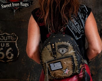 Handmade Military Leather Backpack – Small Army Style Festival Bag, Tactical Travel Daypack