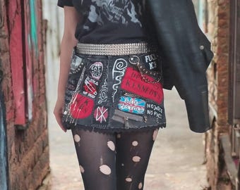 Upcycled Denim Punk Mini Skirt – Handmade from Old Jeans, Patchwork Rock Skirt, Reworked Grunge Festival Outfit