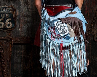 Goth Punk Skull Fringe Bag – Handmade Rock Denim Crossbody with Protest Art & Fringe Details