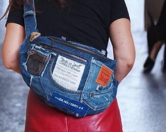 Rock Denim Fanny Pack | Upcycled Jeans Waist Bag | Large Festival Hip Bag | Unisex Street Bumbag