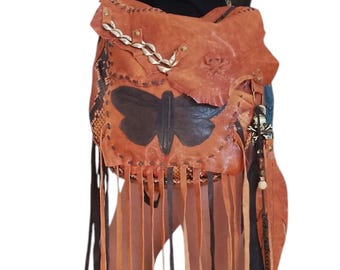 Gothic Leather Shoulder Bag – Boho Fringe, Death Moth & Skull Design | Handmade Gothic Boho Festival Crossbody Purse