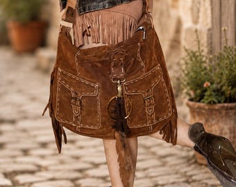 Large Brown Suede Leather Bag, Handmade Recycled Leather Purse, Boho Fringe Crossbody Bag, Shoulder Tote for Women