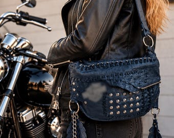 Biker Leather Shoulder Bag, Studded Motorcycle Bag, Rocker Crossbody Bag, Boho Fringe Bag, Harley Style Bag, Handmade Leather Purse
