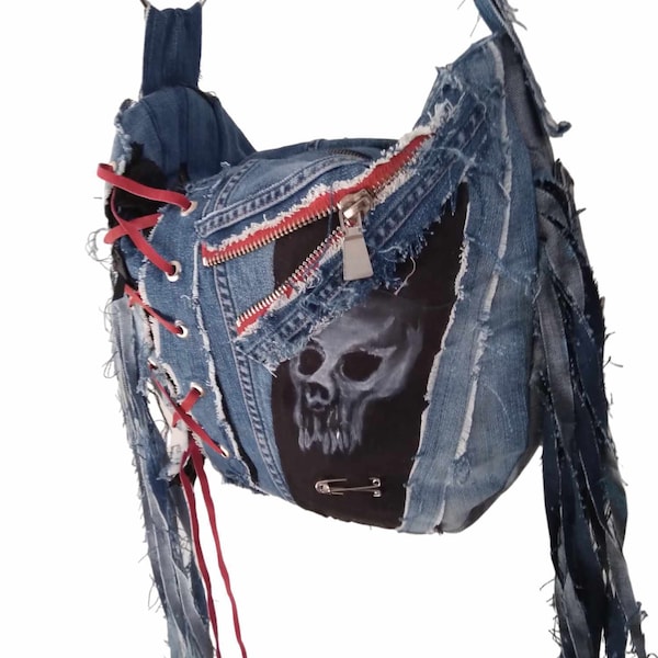 Sac denim jean born bleu hobo harley frange rock n roll style rock frangé bag rock metalhead born be wild