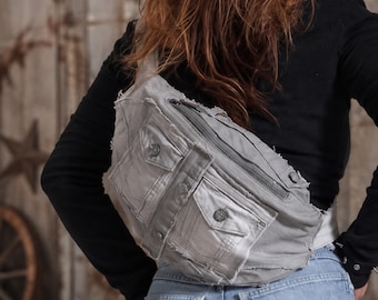 Upcycled Jeans Banana Bag – Handmade Recycled Denim Crossbody Backpack, Eco Friendly Boho Shoulder Bag