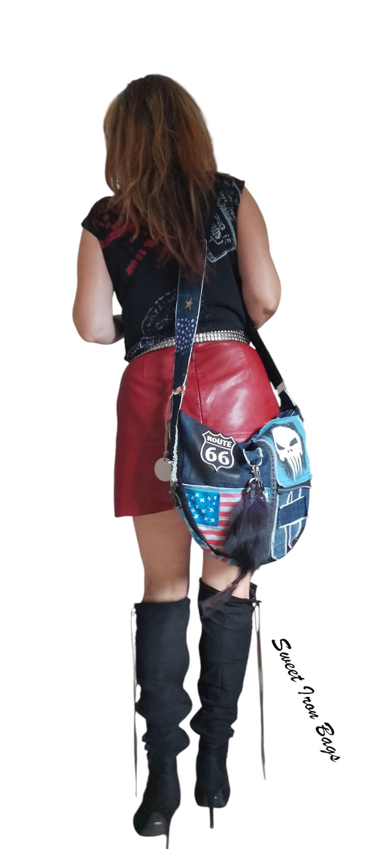 Bolso bandolera vaquero con calavera | Bolso rockero reciclado | Bolso motero Route 66 | Bolso punk hecho a mano imagen 6