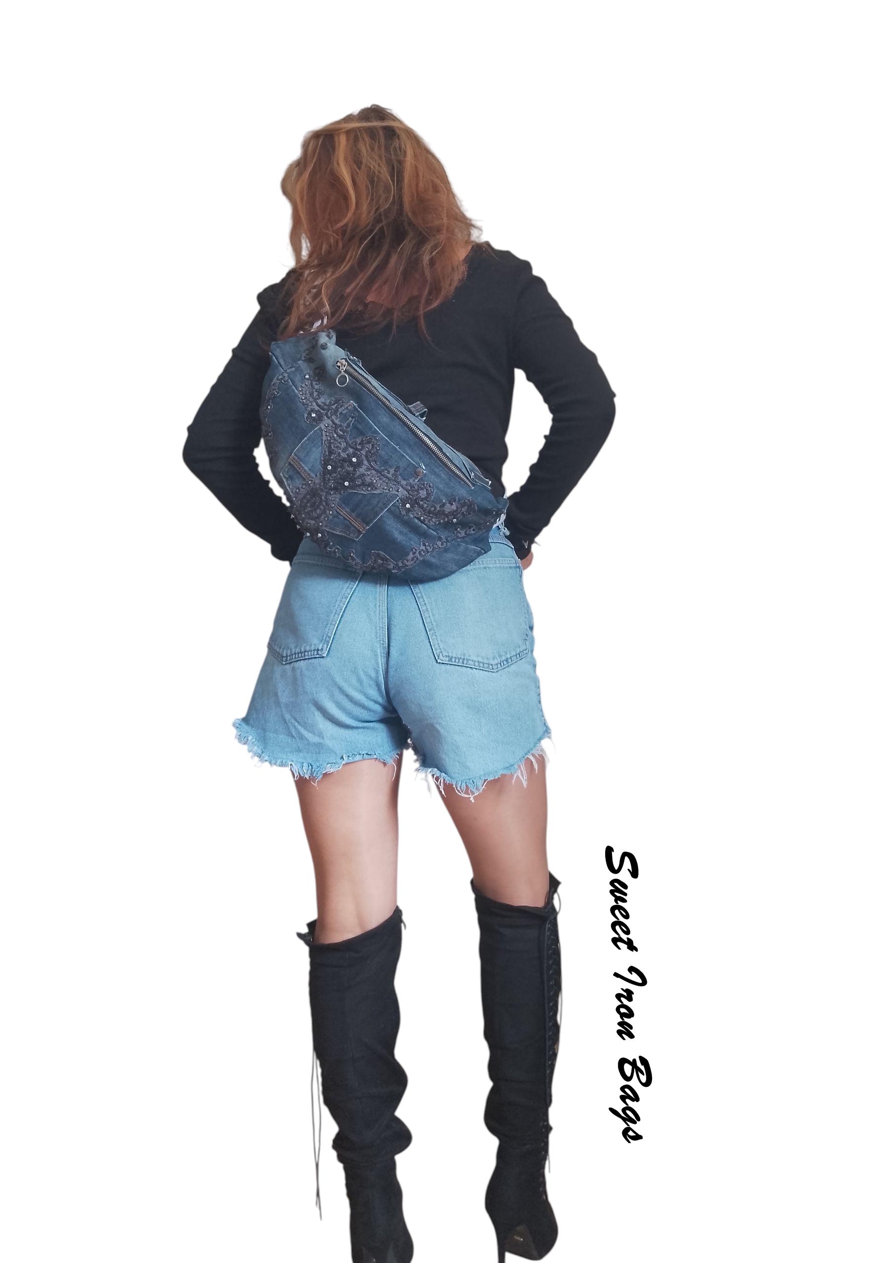 Upcycled Denim Bumbag with Lace Beads & Jeans Pocket – Large Handmade Festival Waist Bag