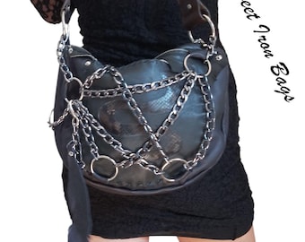 Gothic Navy Blue Snake Leather Shoulder Bag Dark Chain Hobo Purse Handmade Metalhead Rock Bag Sweet Iron Bags