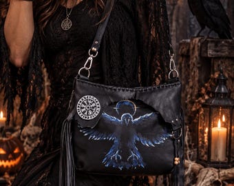 Gothic Raven Bag, Halloween Purse, Hand Painted Raven Crossbody, Black Leather Shoulder Bag, Witchy Gothic Bag, Dark Boho