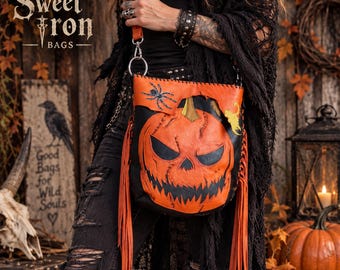 Halloween Gothic Leather Bag, Pumpkin Shoulder Bag, Black Leather Crossbody Purse, Witchy Halloween Bag, Adjustable Strap, Handmade
