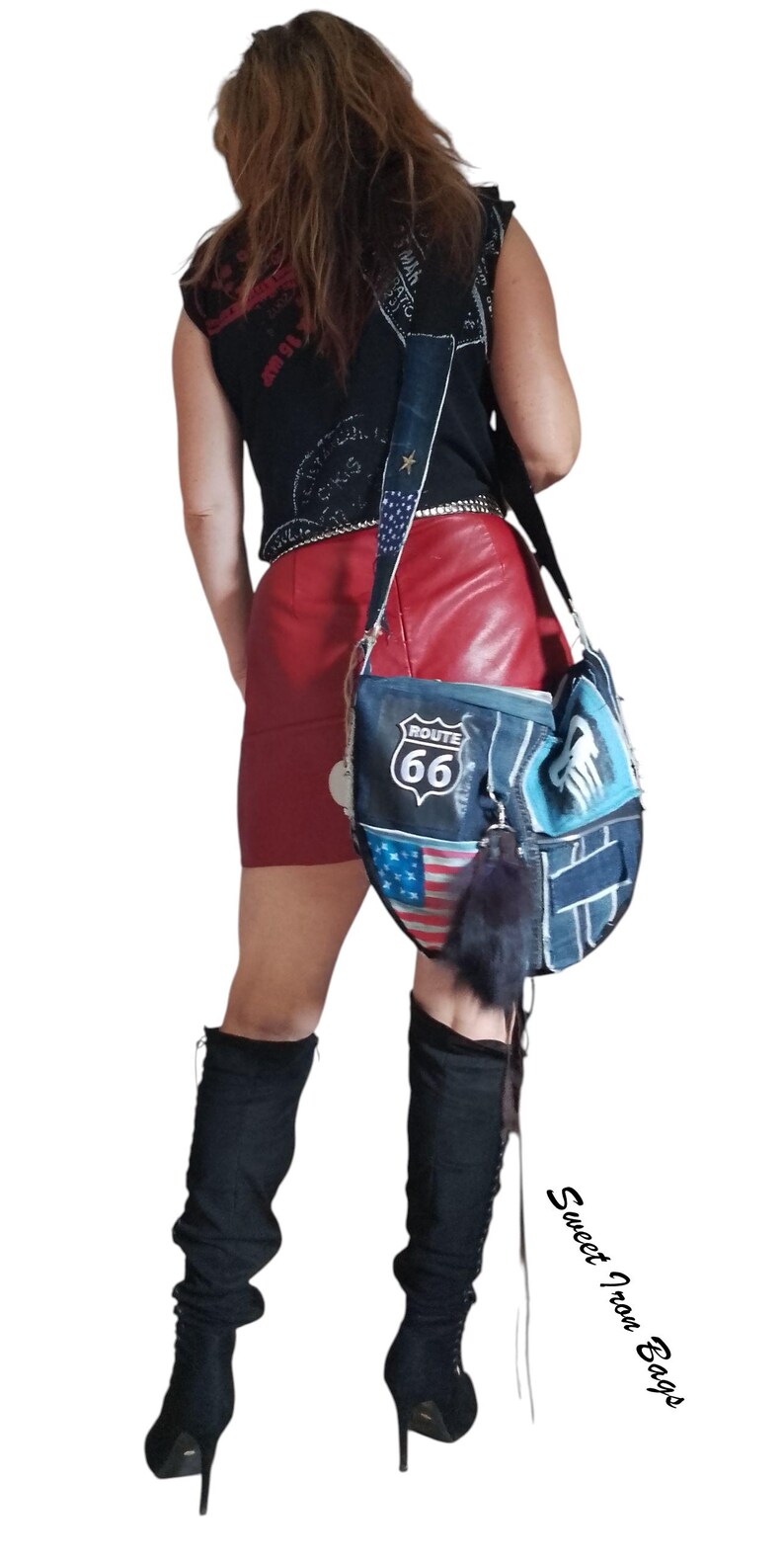 Bolso bandolera vaquero con calavera | Bolso rockero reciclado | Bolso motero Route 66 | Bolso punk hecho a mano imagen 5
