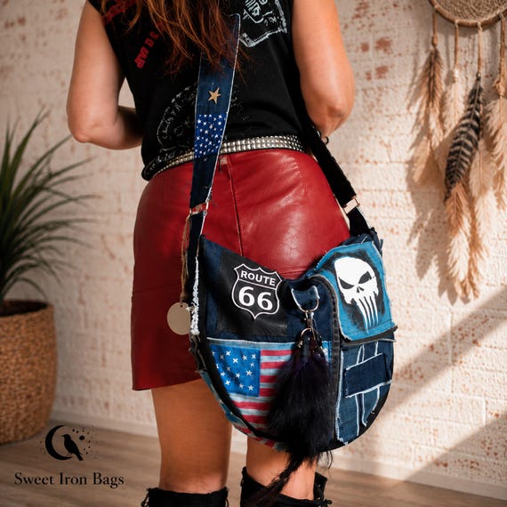 Skull Denim Crossbody Bag | Recycled Rock Purse | Biker Bag Route 66 | Handmade Punk Bag