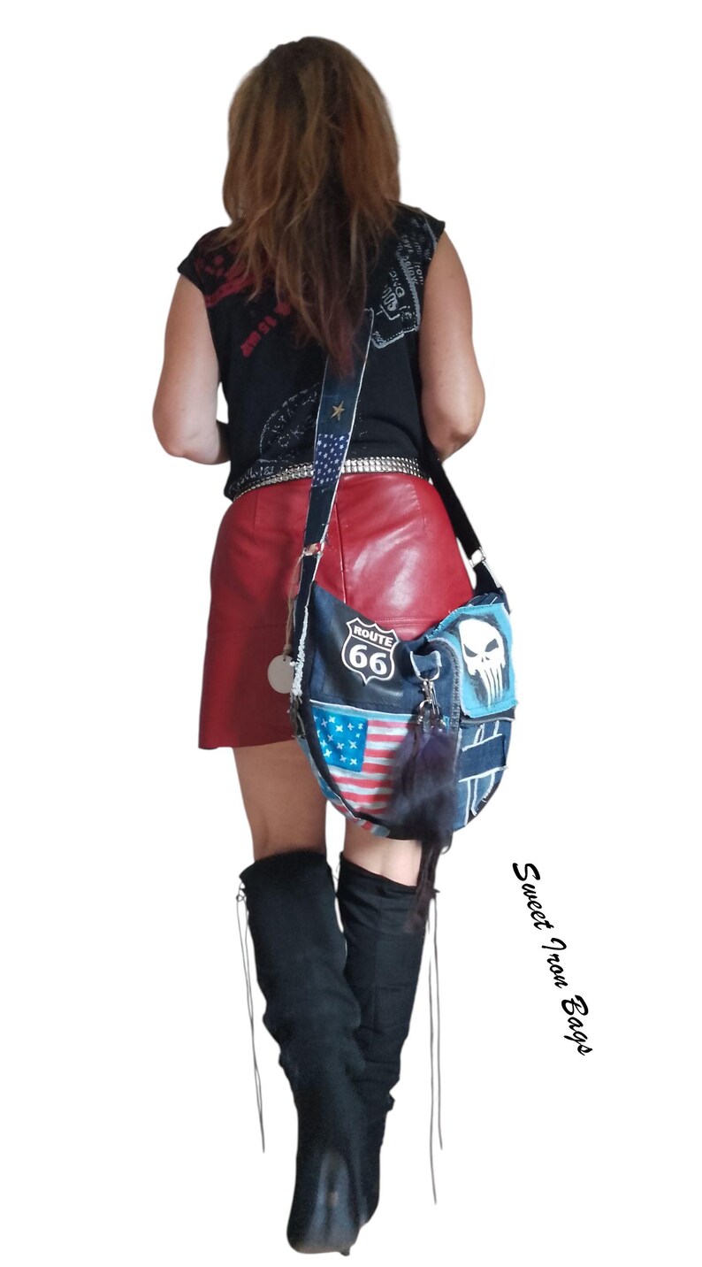 Recycled denim bag Rockowa, hand-painted