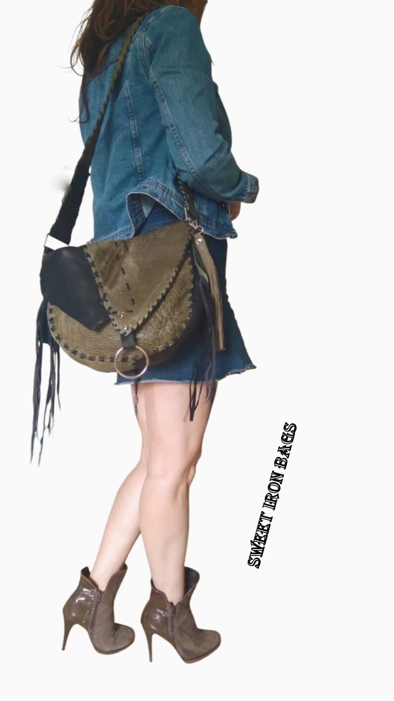 Handcrafted Leather Bag with Braided Strap Detailing – Khaki & Black