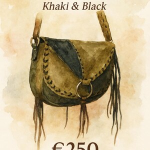 May include: A hand-crafted leather bag in khaki and black with fringe detailing. The bag has a flap closure and a metal ring. The price is &euro;250. Shop Now.