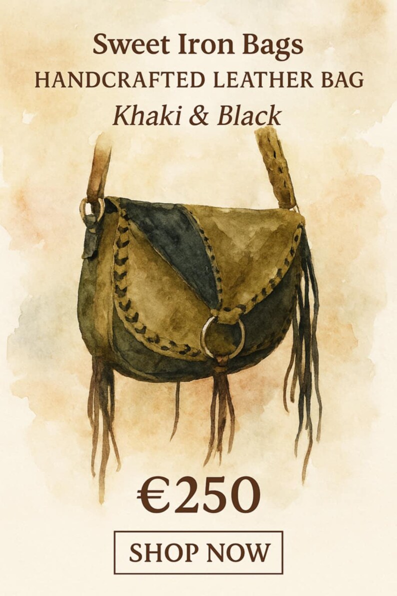 May include: A hand-crafted leather bag in khaki and black with fringe detailing. The bag has a flap closure and a metal ring. The price is &euro;250. Shop Now.