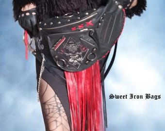 Gothic Leather Handbag – Black Red Shoulder Bag with Skull Patch & Chain, Handmade Crossbody Purse, Punk Rock Festival Bag