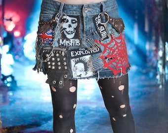 Punk Denim Skirt Upcycled Mini Skirt Grunge Skirt Gothic Skirt Hand Painted Patch Skirt Studded Skirt Safety Pins Skirt Festival Outfit